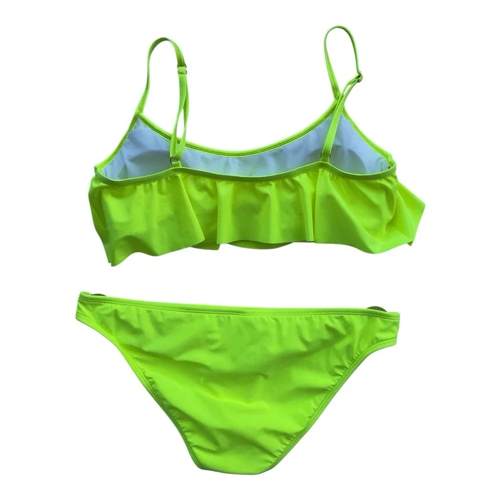 Gianni Bini Neon Yellow Bikini Set Womens Large Ruffle Swimwear USA Made